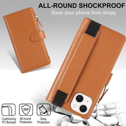 For iPhone 15 Wristband Holder Zipper Purse RFID Leather Phone Case(Brown) - iPhone 15 Cases by buy2fix | Online Shopping UK | buy2fix