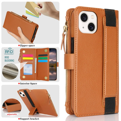 For iPhone 15 Wristband Holder Zipper Purse RFID Leather Phone Case(Brown) - iPhone 15 Cases by buy2fix | Online Shopping UK | buy2fix