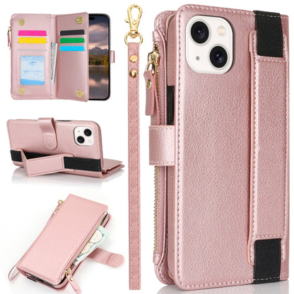For iPhone 15 Wristband Holder Zipper Purse RFID Leather Phone Case(Rose Gold) - iPhone 15 Cases by buy2fix | Online Shopping UK | buy2fix