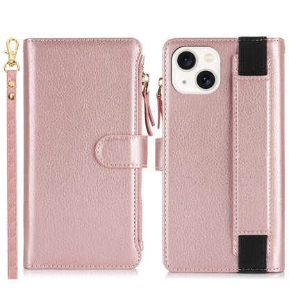 For iPhone 15 Wristband Holder Zipper Purse RFID Leather Phone Case(Rose Gold) - iPhone 15 Cases by buy2fix | Online Shopping UK | buy2fix