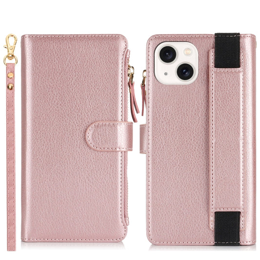 For iPhone 15 Wristband Holder Zipper Purse RFID Leather Phone Case(Rose Gold) - iPhone 15 Cases by buy2fix | Online Shopping UK | buy2fix