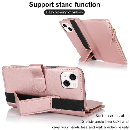 For iPhone 15 Wristband Holder Zipper Purse RFID Leather Phone Case(Rose Gold) - iPhone 15 Cases by buy2fix | Online Shopping UK | buy2fix