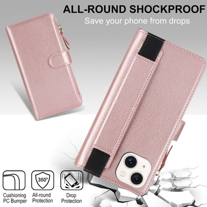 For iPhone 15 Wristband Holder Zipper Purse RFID Leather Phone Case(Rose Gold) - iPhone 15 Cases by buy2fix | Online Shopping UK | buy2fix