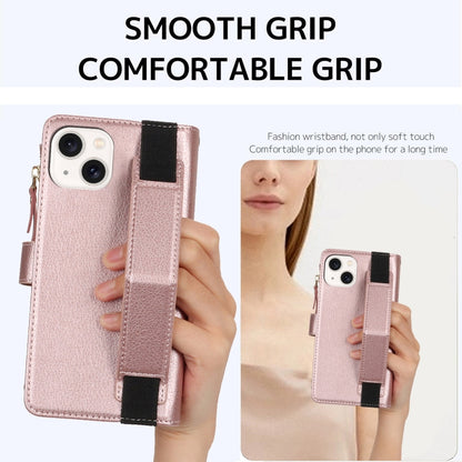 For iPhone 15 Wristband Holder Zipper Purse RFID Leather Phone Case(Rose Gold) - iPhone 15 Cases by buy2fix | Online Shopping UK | buy2fix