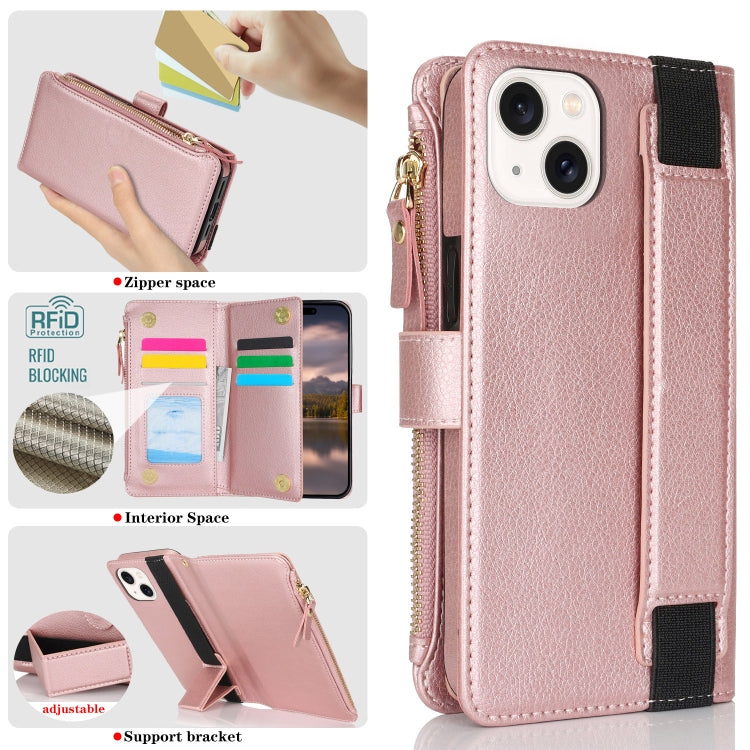 For iPhone 15 Wristband Holder Zipper Purse RFID Leather Phone Case(Rose Gold) - iPhone 15 Cases by buy2fix | Online Shopping UK | buy2fix