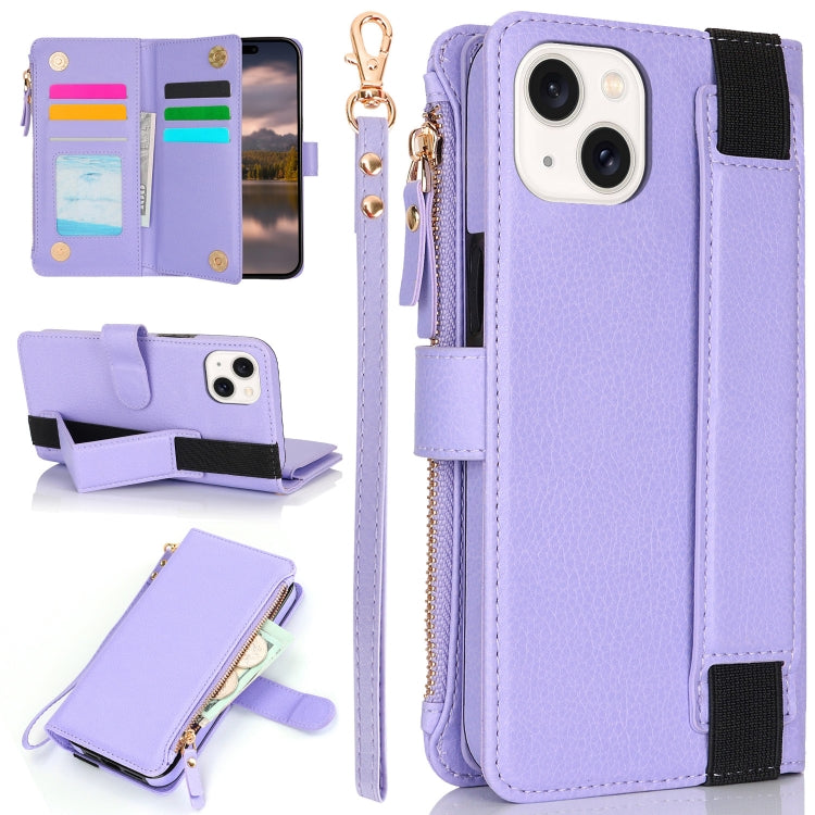 For iPhone 15 Wristband Holder Zipper Purse RFID Leather Phone Case(Purple) - iPhone 15 Cases by buy2fix | Online Shopping UK | buy2fix