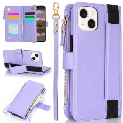 For iPhone 15 Wristband Holder Zipper Purse RFID Leather Phone Case(Purple) - iPhone 15 Cases by buy2fix | Online Shopping UK | buy2fix
