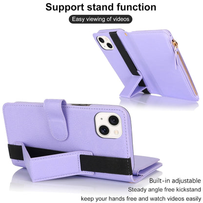 For iPhone 15 Wristband Holder Zipper Purse RFID Leather Phone Case(Purple) - iPhone 15 Cases by buy2fix | Online Shopping UK | buy2fix