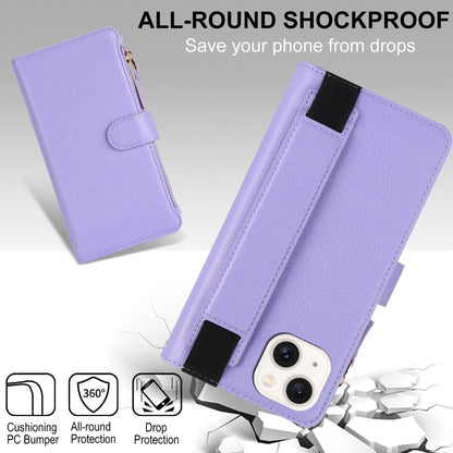 For iPhone 15 Wristband Holder Zipper Purse RFID Leather Phone Case(Purple) - iPhone 15 Cases by buy2fix | Online Shopping UK | buy2fix