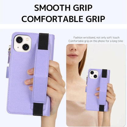 For iPhone 15 Wristband Holder Zipper Purse RFID Leather Phone Case(Purple) - iPhone 15 Cases by buy2fix | Online Shopping UK | buy2fix
