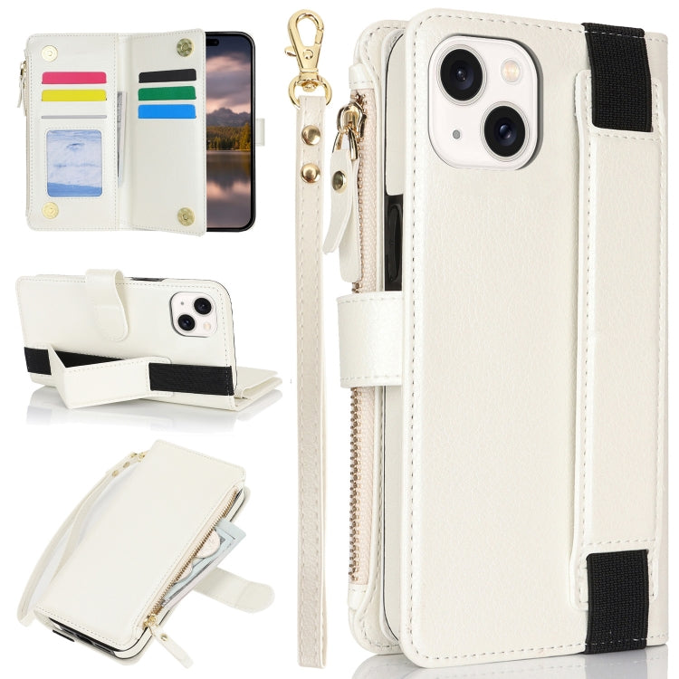 For iPhone 15 Wristband Holder Zipper Purse RFID Leather Phone Case(White) - iPhone 15 Cases by buy2fix | Online Shopping UK | buy2fix