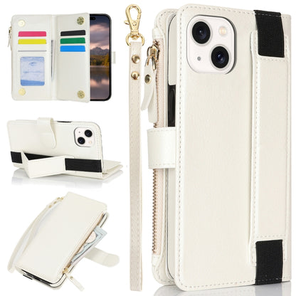 For iPhone 15 Wristband Holder Zipper Purse RFID Leather Phone Case(White) - iPhone 15 Cases by buy2fix | Online Shopping UK | buy2fix