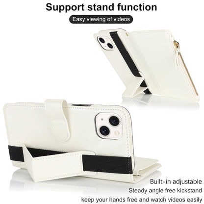 For iPhone 15 Wristband Holder Zipper Purse RFID Leather Phone Case(White) - iPhone 15 Cases by buy2fix | Online Shopping UK | buy2fix