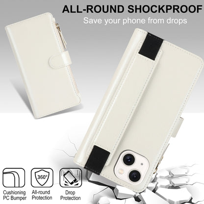 For iPhone 15 Wristband Holder Zipper Purse RFID Leather Phone Case(White) - iPhone 15 Cases by buy2fix | Online Shopping UK | buy2fix
