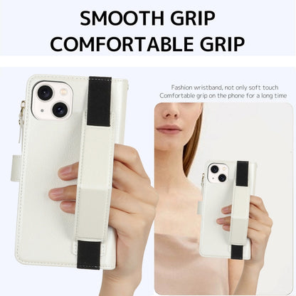 For iPhone 15 Wristband Holder Zipper Purse RFID Leather Phone Case(White) - iPhone 15 Cases by buy2fix | Online Shopping UK | buy2fix
