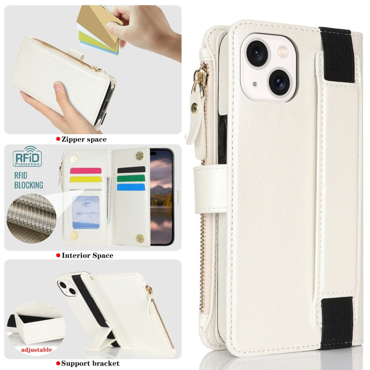 For iPhone 15 Wristband Holder Zipper Purse RFID Leather Phone Case(White) - iPhone 15 Cases by buy2fix | Online Shopping UK | buy2fix