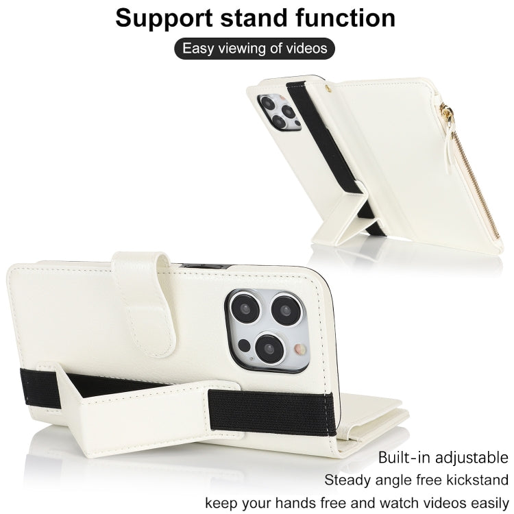 For iPhone 15 Pro Wristband Holder Zipper Purse RFID Leather Phone Case(White) - iPhone 15 Pro Cases by buy2fix | Online Shopping UK | buy2fix