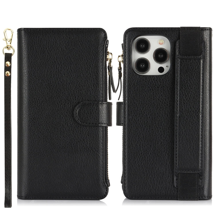 For iPhone 15 Pro Max Wristband Holder Zipper Purse RFID Leather Phone Case(Black) - iPhone 15 Pro Max Cases by buy2fix | Online Shopping UK | buy2fix