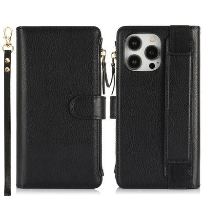 For iPhone 15 Pro Max Wristband Holder Zipper Purse RFID Leather Phone Case(Black) - iPhone 15 Pro Max Cases by buy2fix | Online Shopping UK | buy2fix