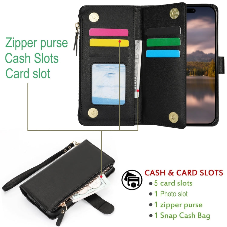 For iPhone 15 Pro Max Wristband Holder Zipper Purse RFID Leather Phone Case(Black) - iPhone 15 Pro Max Cases by buy2fix | Online Shopping UK | buy2fix