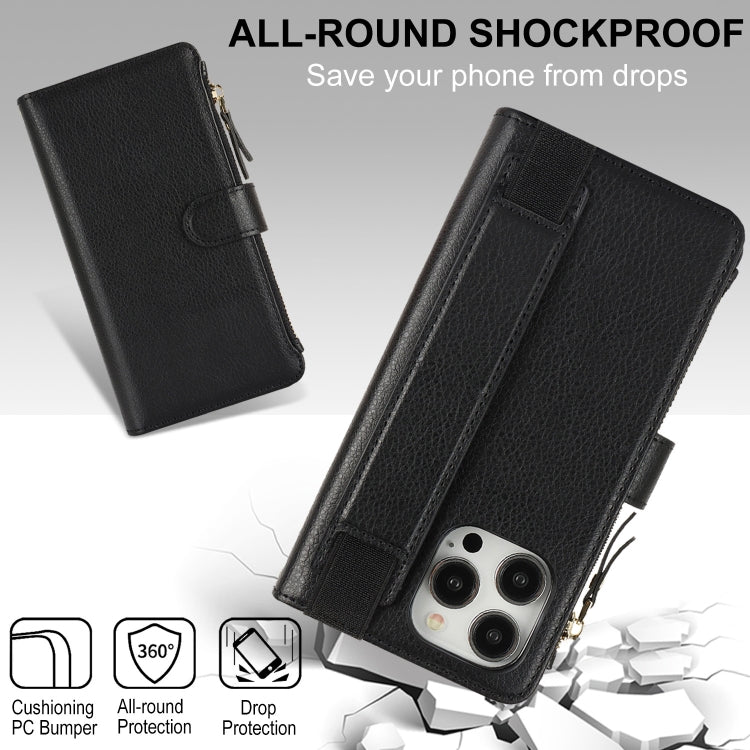 For iPhone 15 Pro Max Wristband Holder Zipper Purse RFID Leather Phone Case(Black) - iPhone 15 Pro Max Cases by buy2fix | Online Shopping UK | buy2fix