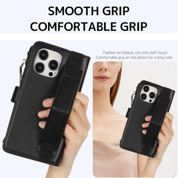 For iPhone 15 Pro Max Wristband Holder Zipper Purse RFID Leather Phone Case(Black) - iPhone 15 Pro Max Cases by buy2fix | Online Shopping UK | buy2fix