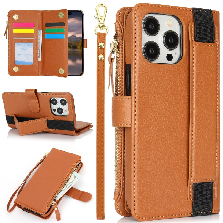 For iPhone 15 Pro Max Wristband Holder Zipper Purse RFID Leather Phone Case(Brown) - iPhone 15 Pro Max Cases by buy2fix | Online Shopping UK | buy2fix