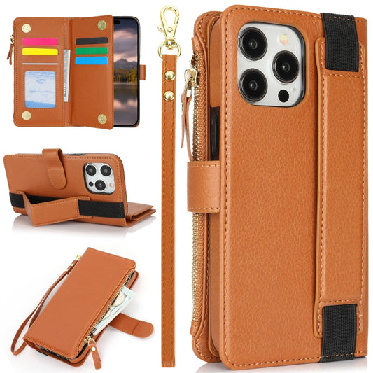 For iPhone 15 Pro Max Wristband Holder Zipper Purse RFID Leather Phone Case(Brown) - iPhone 15 Pro Max Cases by buy2fix | Online Shopping UK | buy2fix