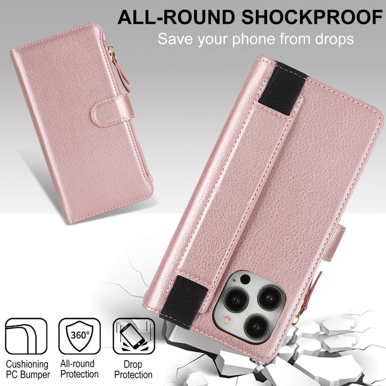 For iPhone 15 Pro Max Wristband Holder Zipper Purse RFID Leather Phone Case(Rose Gold) - iPhone 15 Pro Max Cases by buy2fix | Online Shopping UK | buy2fix