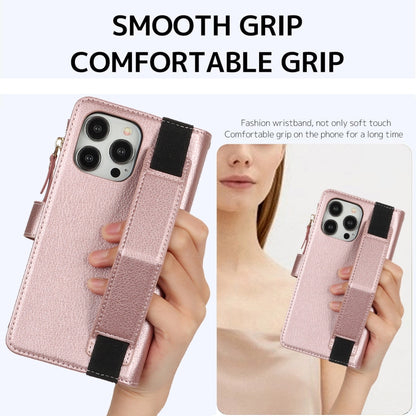 For iPhone 15 Pro Max Wristband Holder Zipper Purse RFID Leather Phone Case(Rose Gold) - iPhone 15 Pro Max Cases by buy2fix | Online Shopping UK | buy2fix