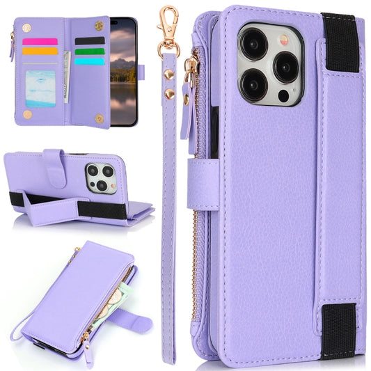 For iPhone 15 Pro Max Wristband Holder Zipper Purse RFID Leather Phone Case(Purple) - iPhone 15 Pro Max Cases by buy2fix | Online Shopping UK | buy2fix