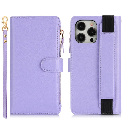 For iPhone 15 Pro Max Wristband Holder Zipper Purse RFID Leather Phone Case(Purple) - iPhone 15 Pro Max Cases by buy2fix | Online Shopping UK | buy2fix