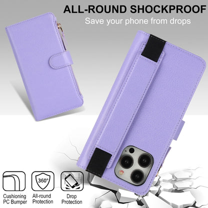 For iPhone 15 Pro Max Wristband Holder Zipper Purse RFID Leather Phone Case(Purple) - iPhone 15 Pro Max Cases by buy2fix | Online Shopping UK | buy2fix