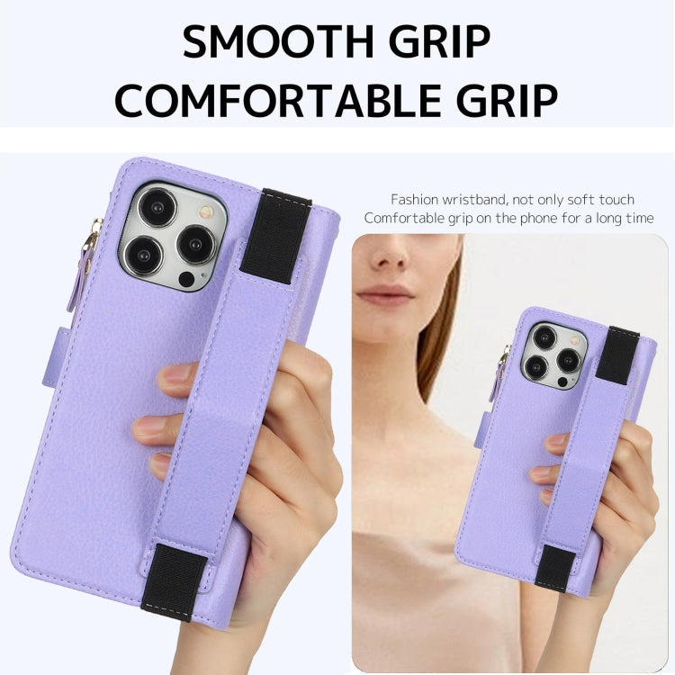 For iPhone 15 Pro Max Wristband Holder Zipper Purse RFID Leather Phone Case(Purple) - iPhone 15 Pro Max Cases by buy2fix | Online Shopping UK | buy2fix