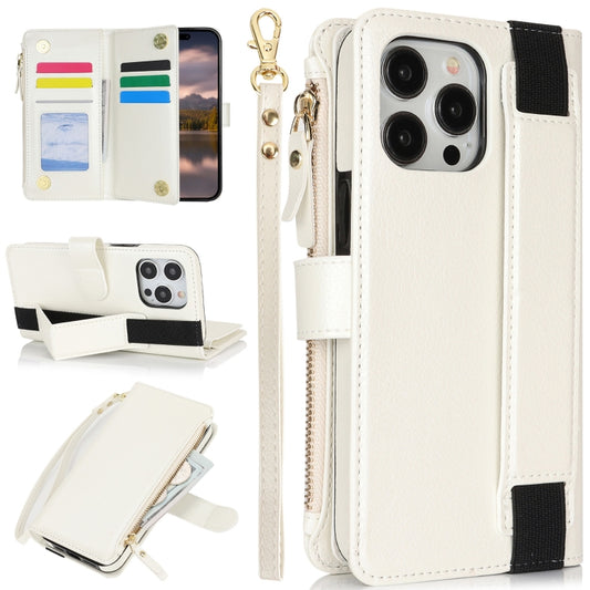 For iPhone 15 Pro Max Wristband Holder Zipper Purse RFID Leather Phone Case(White) - iPhone 15 Pro Max Cases by buy2fix | Online Shopping UK | buy2fix