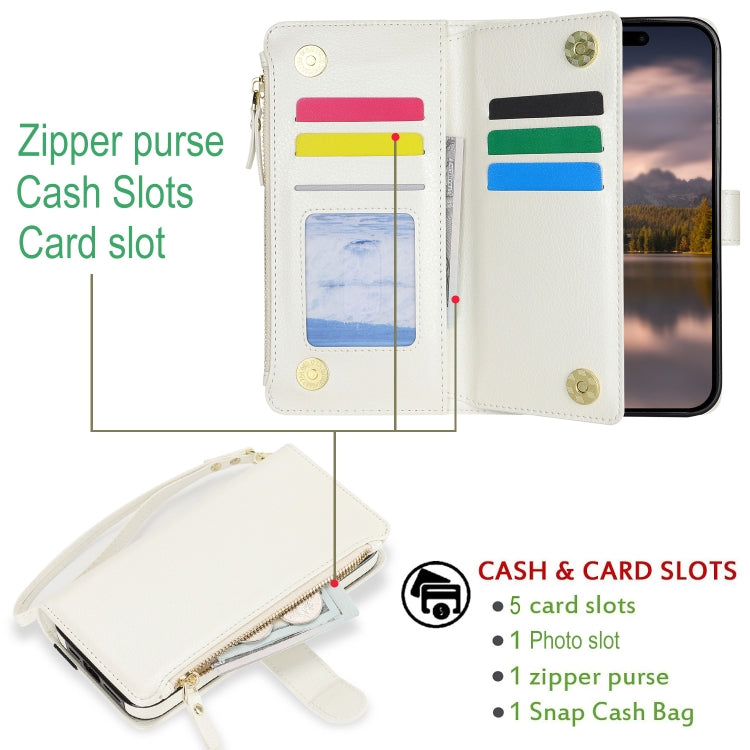 For iPhone 15 Pro Max Wristband Holder Zipper Purse RFID Leather Phone Case(White) - iPhone 15 Pro Max Cases by buy2fix | Online Shopping UK | buy2fix