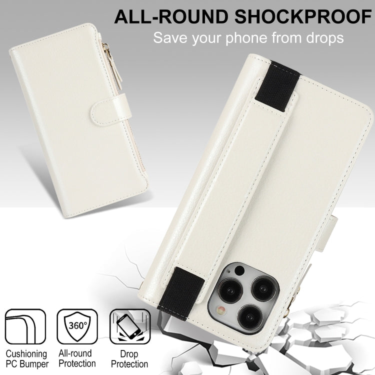 For iPhone 15 Pro Max Wristband Holder Zipper Purse RFID Leather Phone Case(White) - iPhone 15 Pro Max Cases by buy2fix | Online Shopping UK | buy2fix