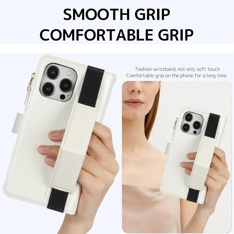 For iPhone 15 Pro Max Wristband Holder Zipper Purse RFID Leather Phone Case(White) - iPhone 15 Pro Max Cases by buy2fix | Online Shopping UK | buy2fix