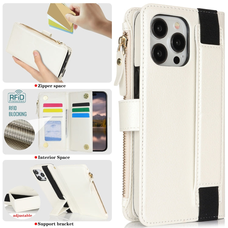 For iPhone 15 Pro Max Wristband Holder Zipper Purse RFID Leather Phone Case(White) - iPhone 15 Pro Max Cases by buy2fix | Online Shopping UK | buy2fix