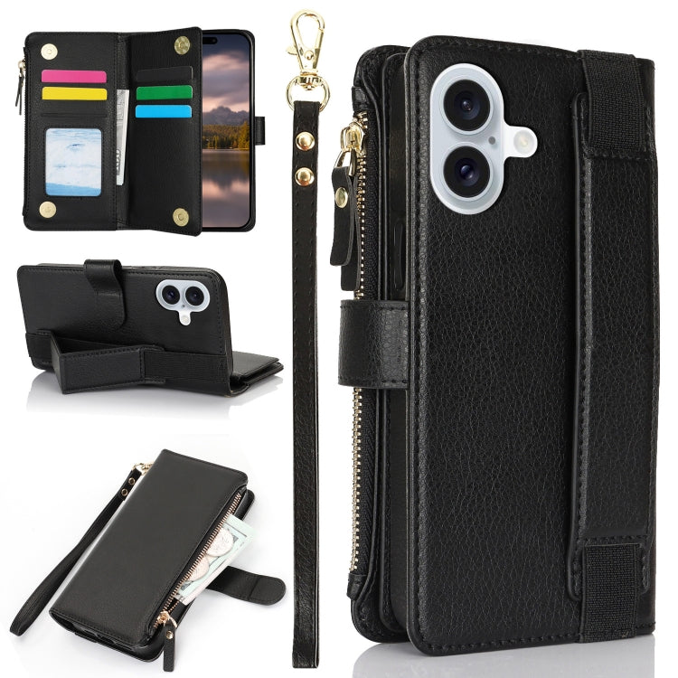 For iPhone 16 Wristband Holder Zipper Purse RFID Leather Phone Case(Black) by buy2fix
