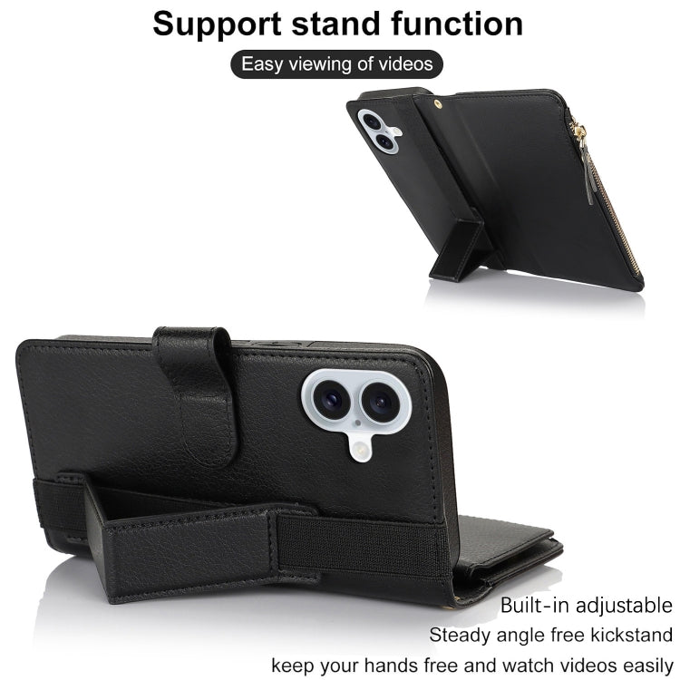 For iPhone 16 Wristband Holder Zipper Purse RFID Leather Phone Case(Black) by buy2fix