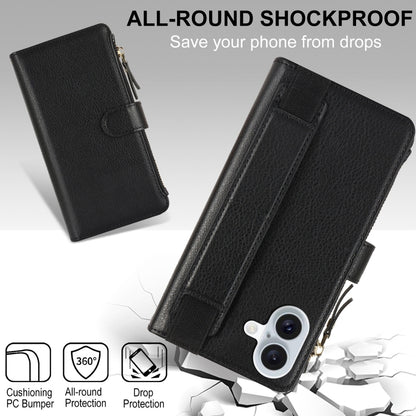 For iPhone 16 Wristband Holder Zipper Purse RFID Leather Phone Case(Black) by buy2fix