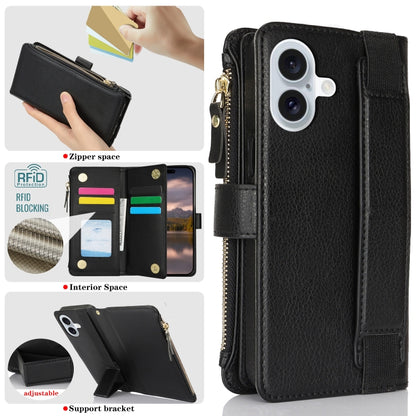 For iPhone 16 Wristband Holder Zipper Purse RFID Leather Phone Case(Black) by buy2fix