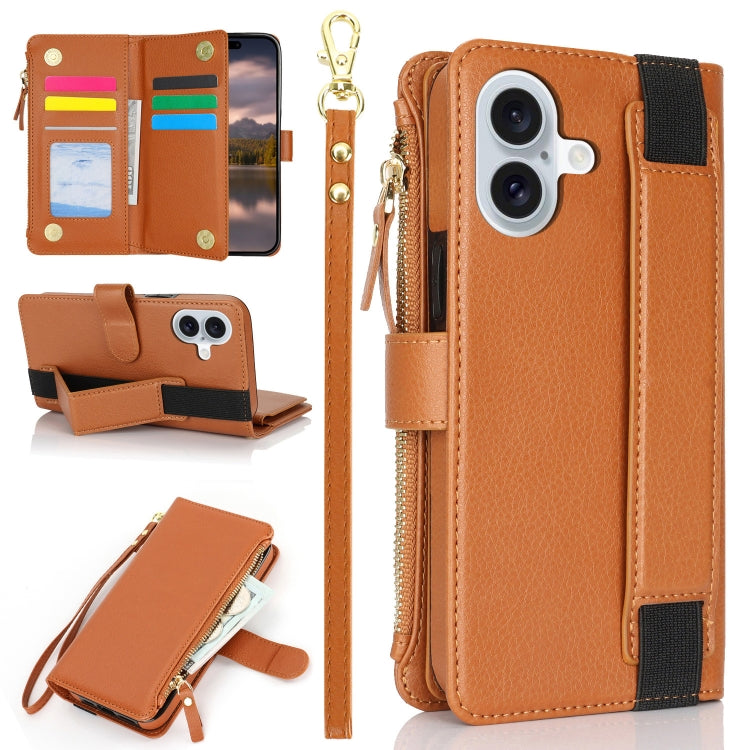 For iPhone 16 Wristband Holder Zipper Purse RFID Leather Phone Case(Brown) - iPhone 16 Cases by buy2fix | Online Shopping UK | buy2fix