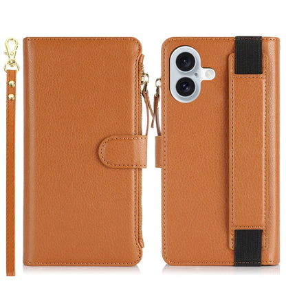 For iPhone 16 Wristband Holder Zipper Purse RFID Leather Phone Case(Brown) - iPhone 16 Cases by buy2fix | Online Shopping UK | buy2fix