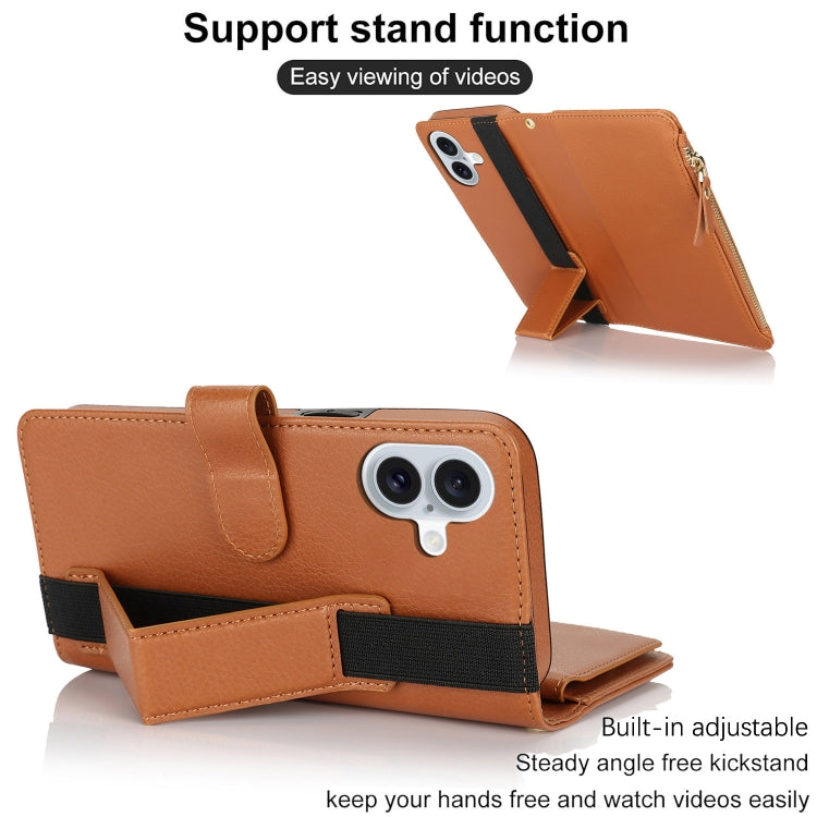 For iPhone 16 Wristband Holder Zipper Purse RFID Leather Phone Case(Brown) - iPhone 16 Cases by buy2fix | Online Shopping UK | buy2fix