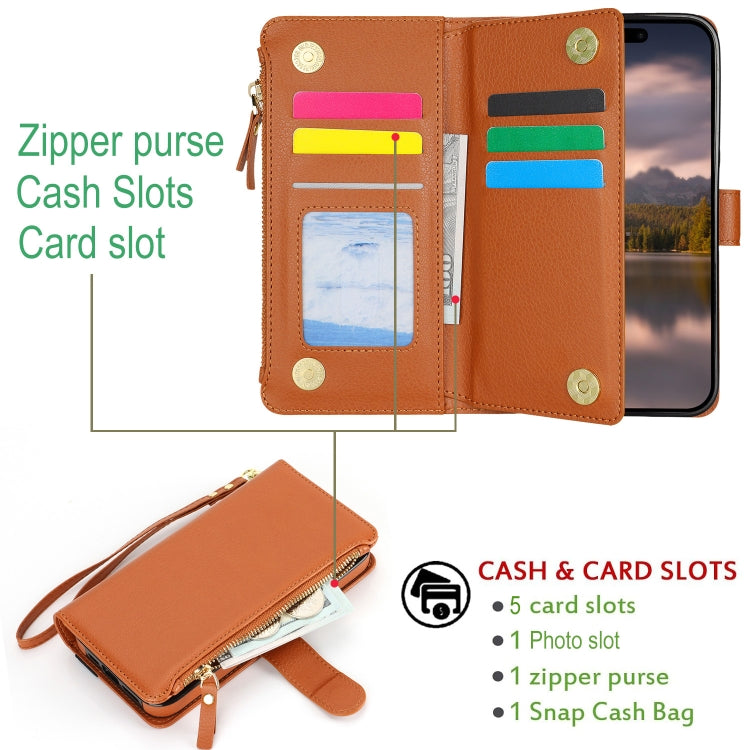 For iPhone 16 Wristband Holder Zipper Purse RFID Leather Phone Case(Brown) - iPhone 16 Cases by buy2fix | Online Shopping UK | buy2fix