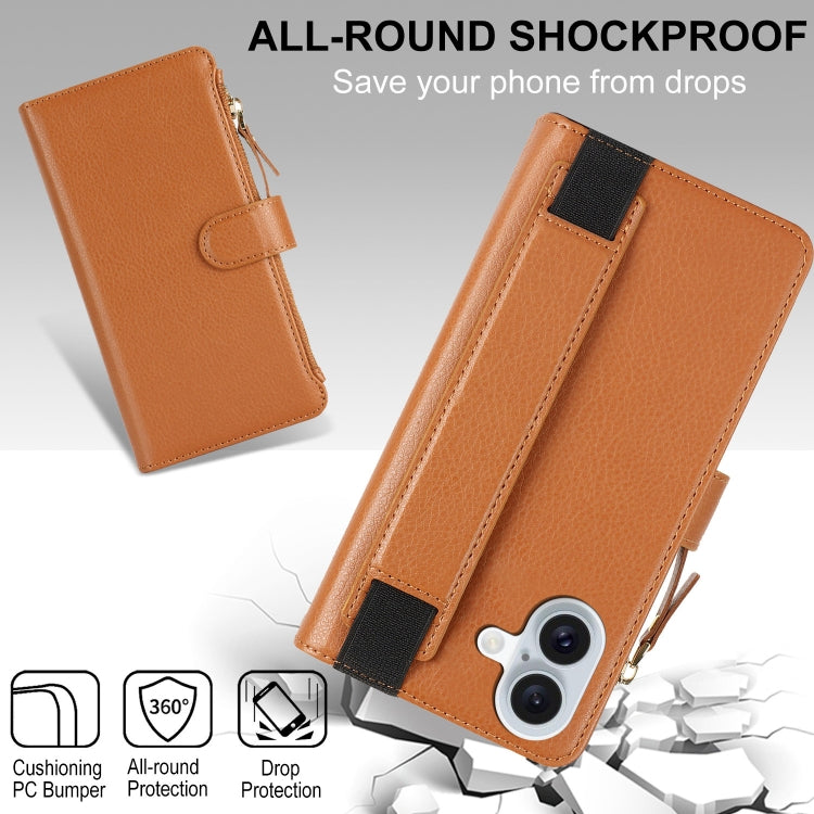 For iPhone 16 Wristband Holder Zipper Purse RFID Leather Phone Case(Brown) - iPhone 16 Cases by buy2fix | Online Shopping UK | buy2fix