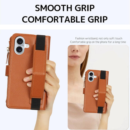 For iPhone 16 Wristband Holder Zipper Purse RFID Leather Phone Case(Brown) - iPhone 16 Cases by buy2fix | Online Shopping UK | buy2fix