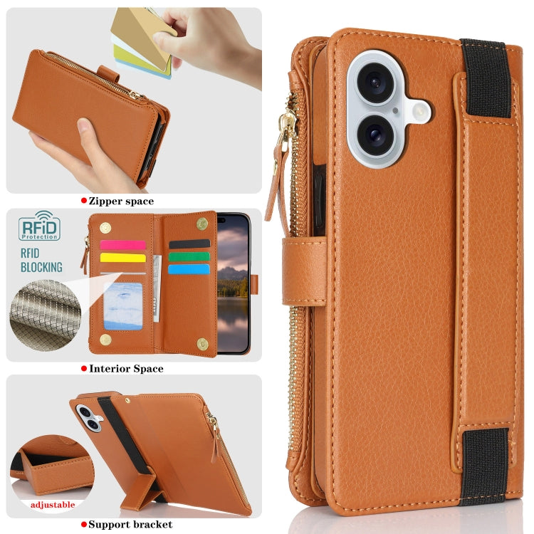 For iPhone 16 Wristband Holder Zipper Purse RFID Leather Phone Case(Brown) - iPhone 16 Cases by buy2fix | Online Shopping UK | buy2fix